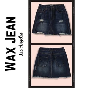 Distressed, Ripped, Frayed Dark Wash Denim Mini Skirt. Size - Med | Wax Jeans
